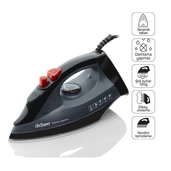 AR684 Olivya Buharlı Ütü 2400W, Seramik Taban, Dikey Buhar, Şok Buhar, Damlama Önleme, Siyah - 1