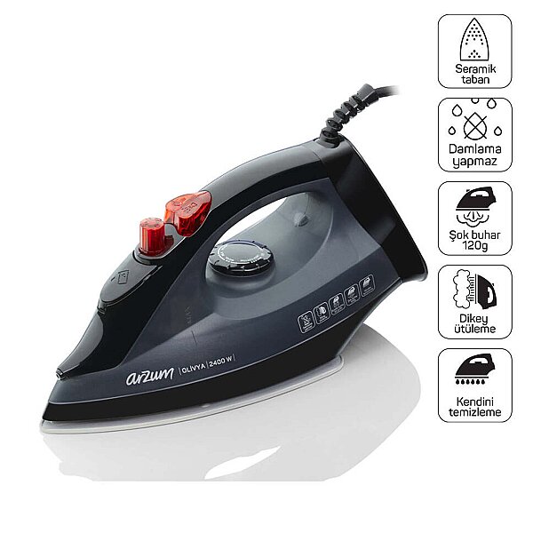 AR684 Olivya Buharlı Ütü 2400W, Seramik Taban, Dikey Buhar, Şok Buhar, Damlama Önleme, Siyah - 1