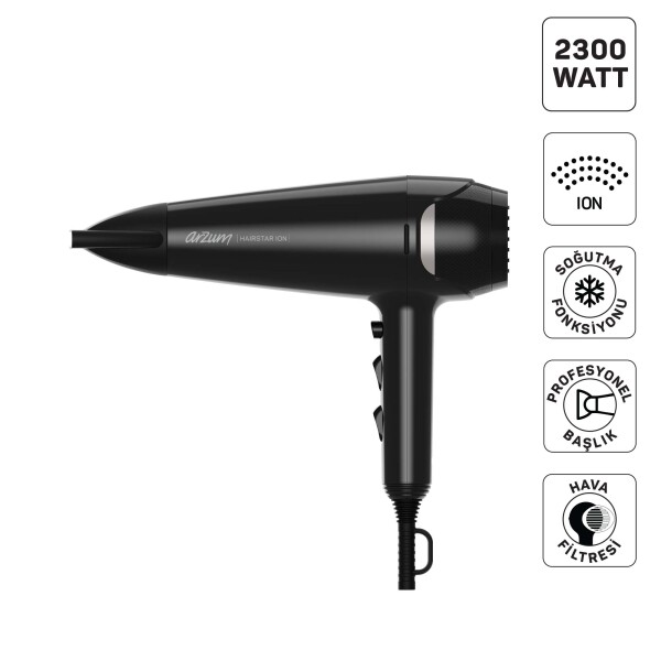 AR5138 Hairstar Ion Saç Kurutma Makinesi 2300 W, 2 Hız, 3 Isı Ayarı, Siyah - 1