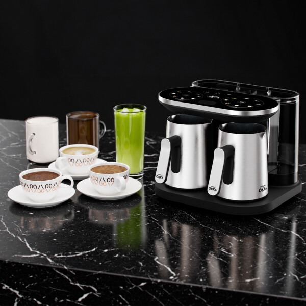 OK0051 Rich Duo Çoklu İçecek ve Türk Kahvesi Makinesi,8 Fincan,10 İçecek,Matcha,Bol Köpüklü,Karıştırıcılı Cezve, Krom - 2