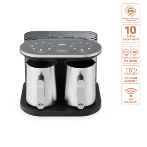 OK0051 Rich Duo Çoklu İçecek ve Türk Kahvesi Makinesi,8 Fincan,10 İçecek,Matcha,Bol Köpüklü,Karıştırıcılı Cezve, Krom