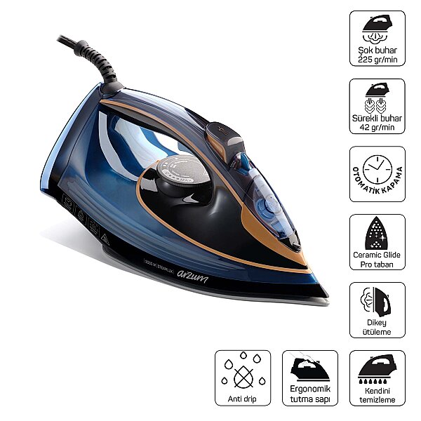 AR6052 Steamlux Buharlı Ütü Seramik Taban 3000W, 225 gr/min Şok Buhar, Mavi - 1